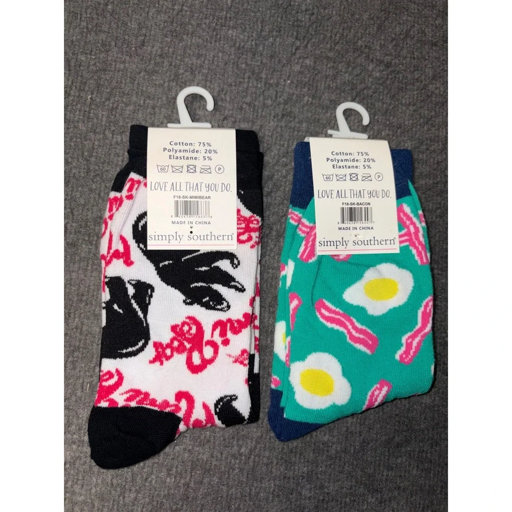 Simply Southern Preppy Sock Supply Co Mama Bear Bacon Eggs Crew Socks 2 Pair NEW